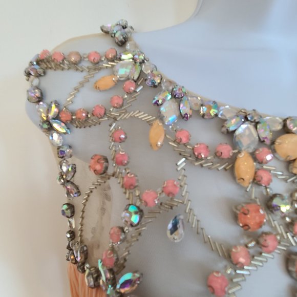 Rachel Allen Chiffon Beaded Illusion Long Prom Evening Dress Style 6934 Apricot - Picture 5 of 15